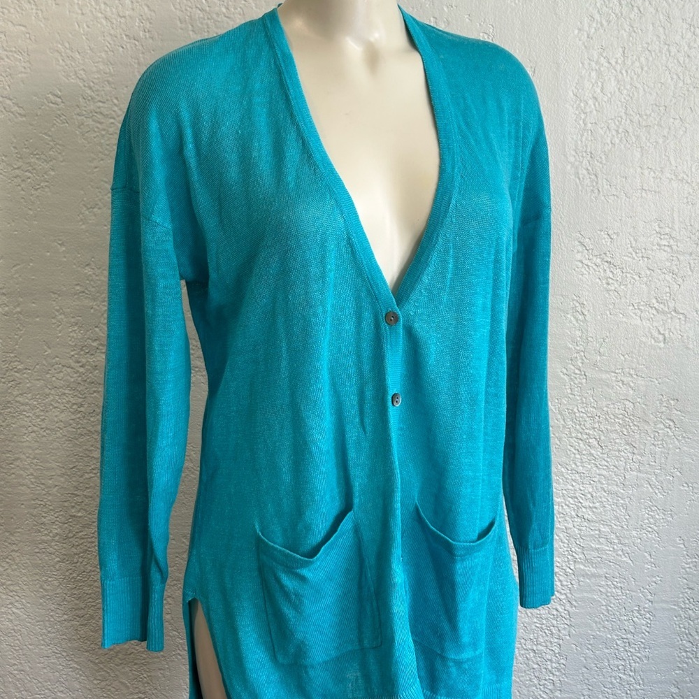 Pure Collection  turquoise button up v neck 100% linen Cardigan Sz 8/10